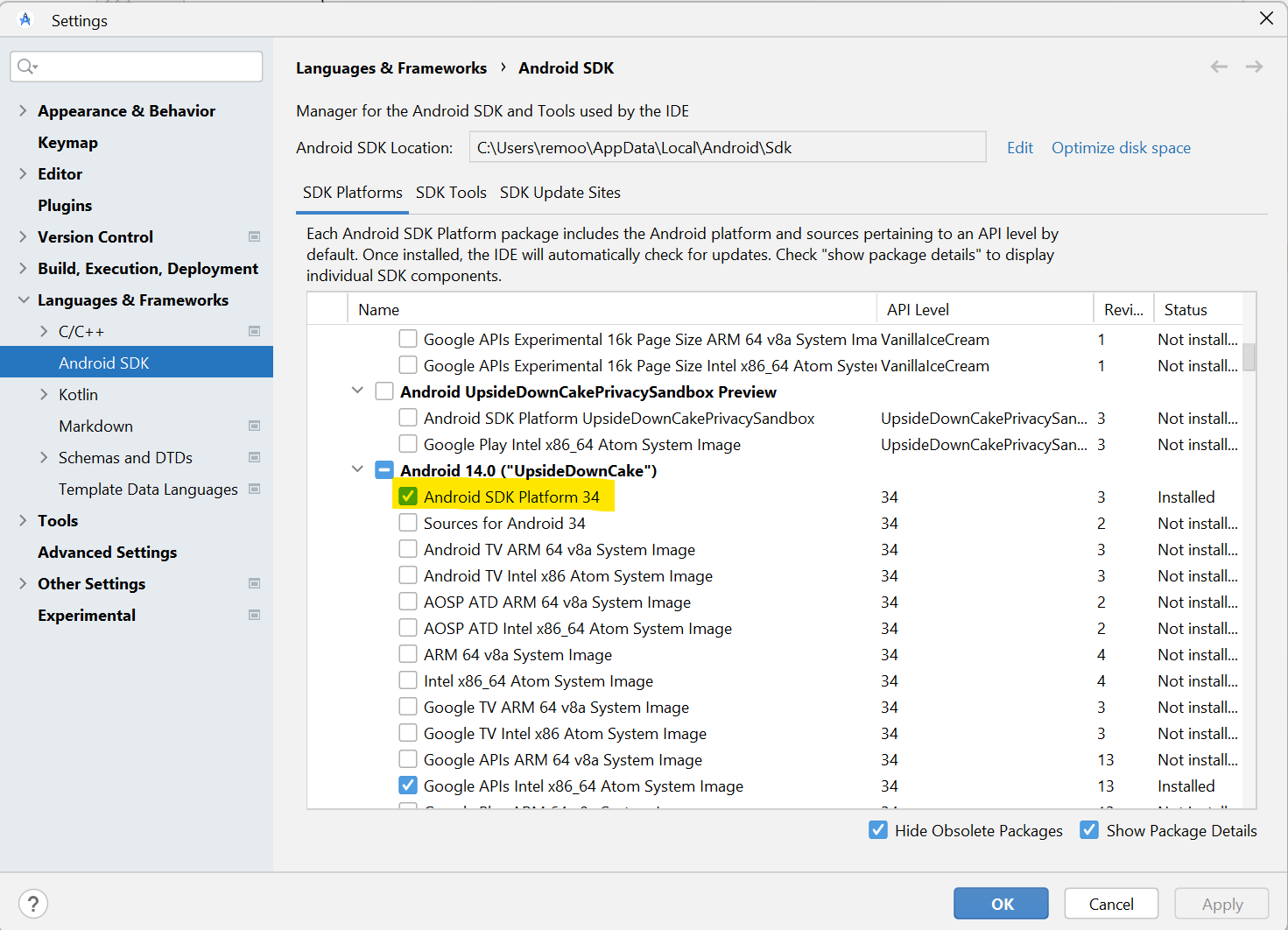 Android SDK Platforms selection (API 34 and API 35)